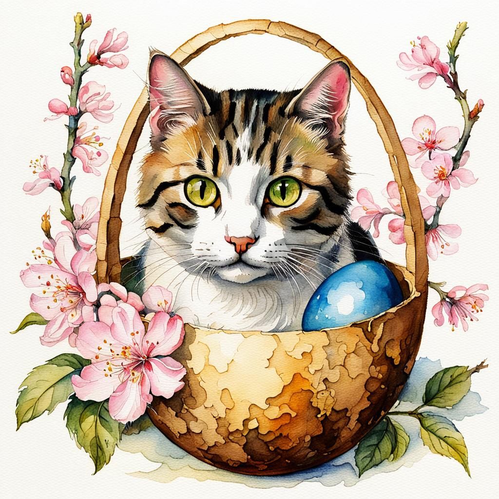 Cat Playing with Easter Egg in Watercolor Style