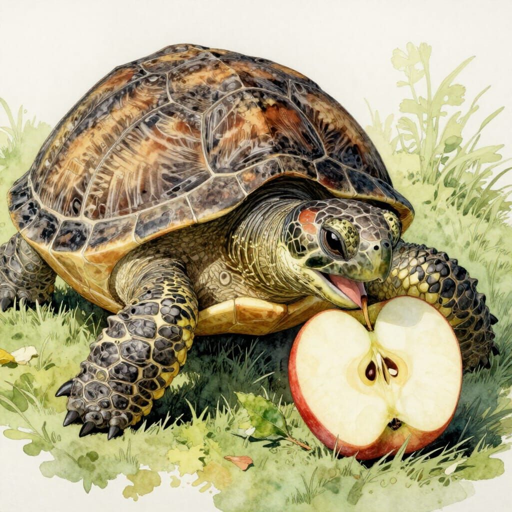 Intricate Watercolour of Turtle Eating Apple