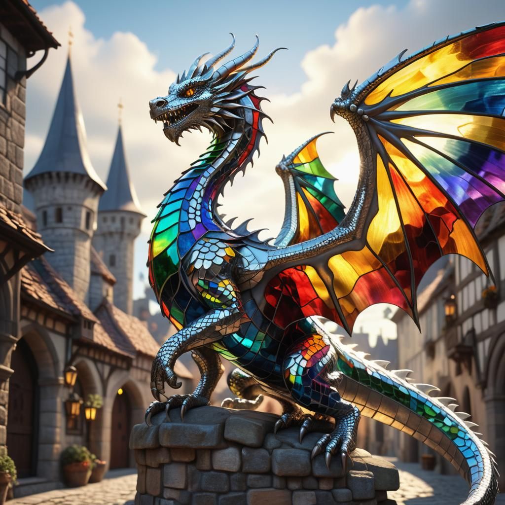 Stained Glass Dragon Over Medieval Town