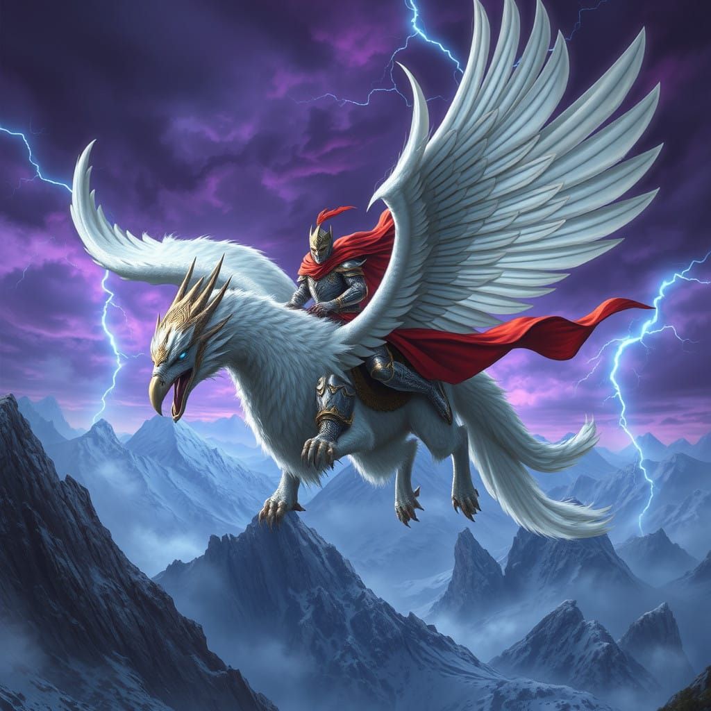 Slavic Warrior Rides Mythic Griffin Through Stormy Mountains...