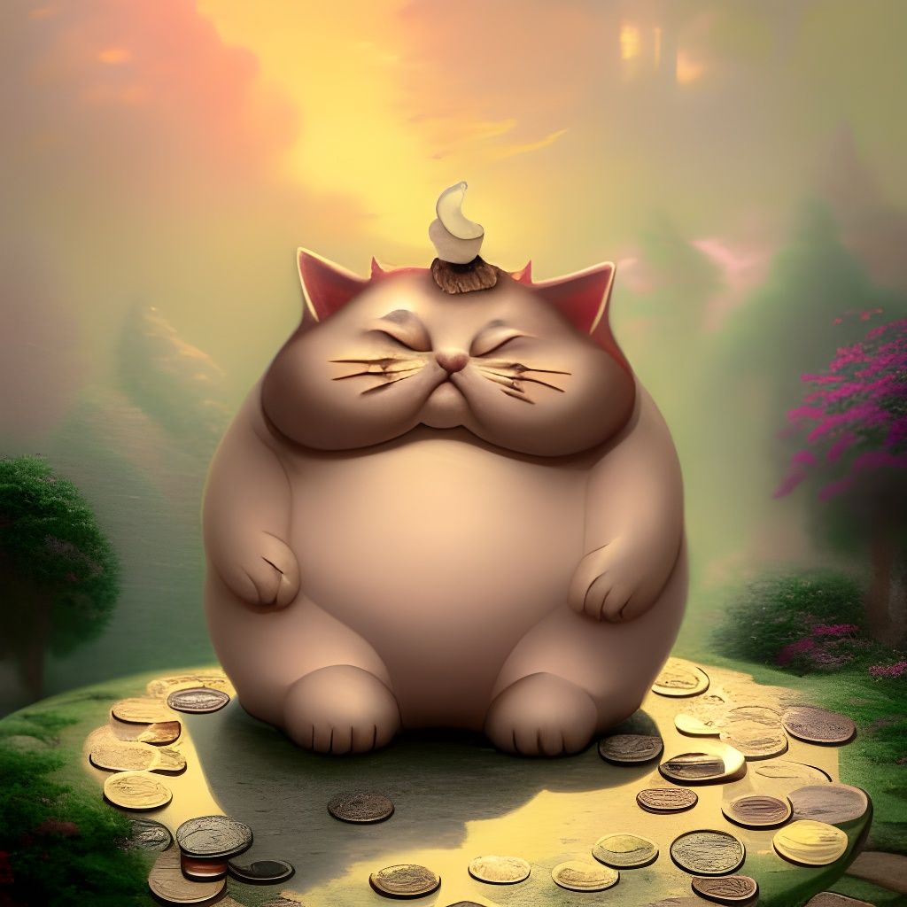 Crying Cat on Coins: Ethereal Fantasy Art