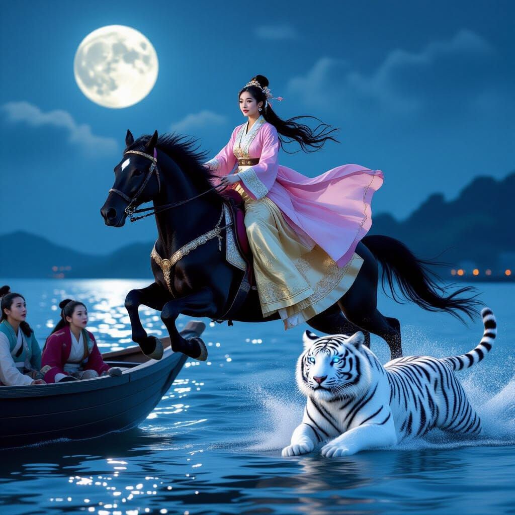 Girl on Stallion Leaping Over Boat in Moonlight