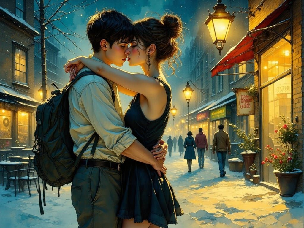 Intimate Winter Night Encounter in Ink Art Style