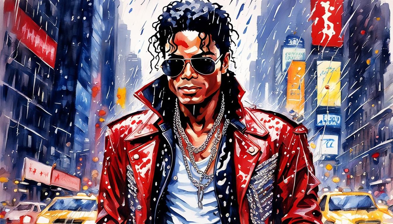 Michael Jackson in Rain, Watercolor Pop Art Portrait