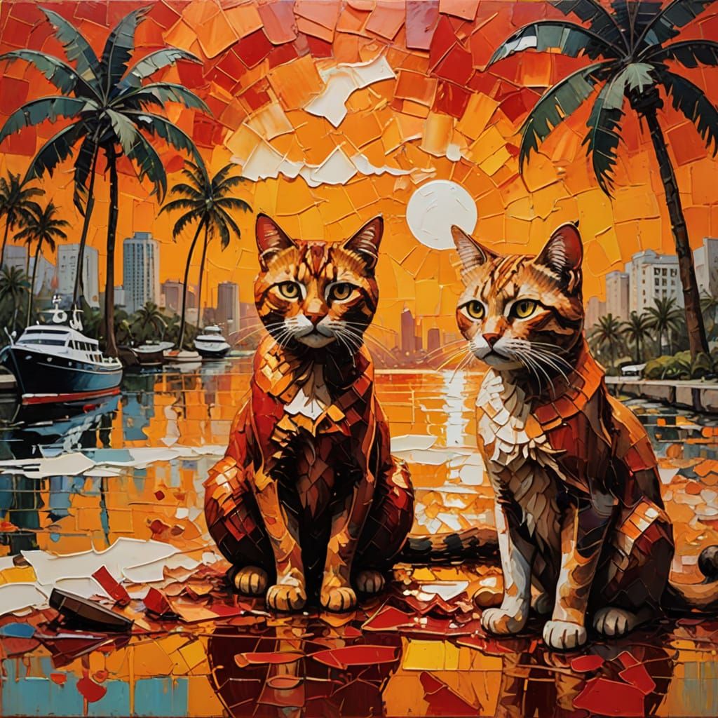 Vintage Album Cover with Cats in Encaustic Style