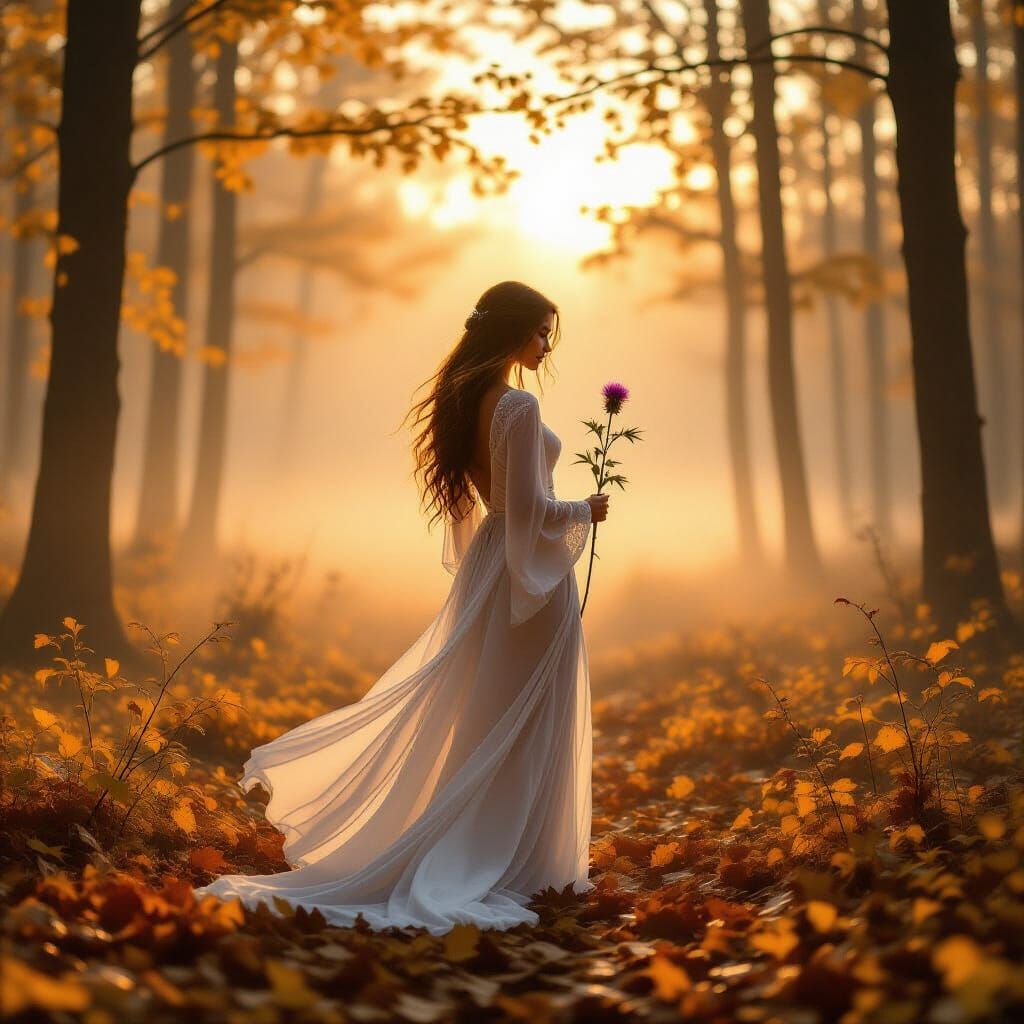 Autumn Forest Portrait: Woman in Foggy Dawn