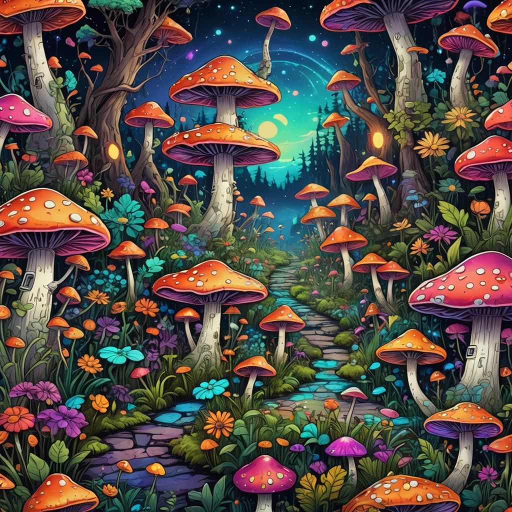 Psychedelic Neon Fantasy Landscape with Glowing Flora