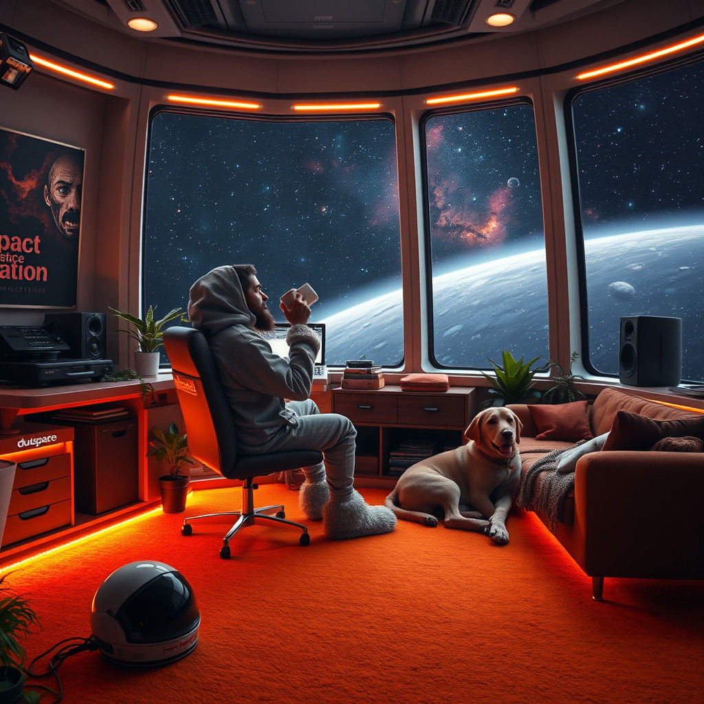 Pilot Gazing at Space From Cozy Space Station