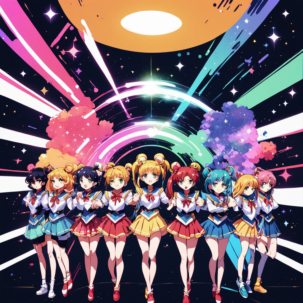 Magical Girl Heroes Unite in Galaxy Background