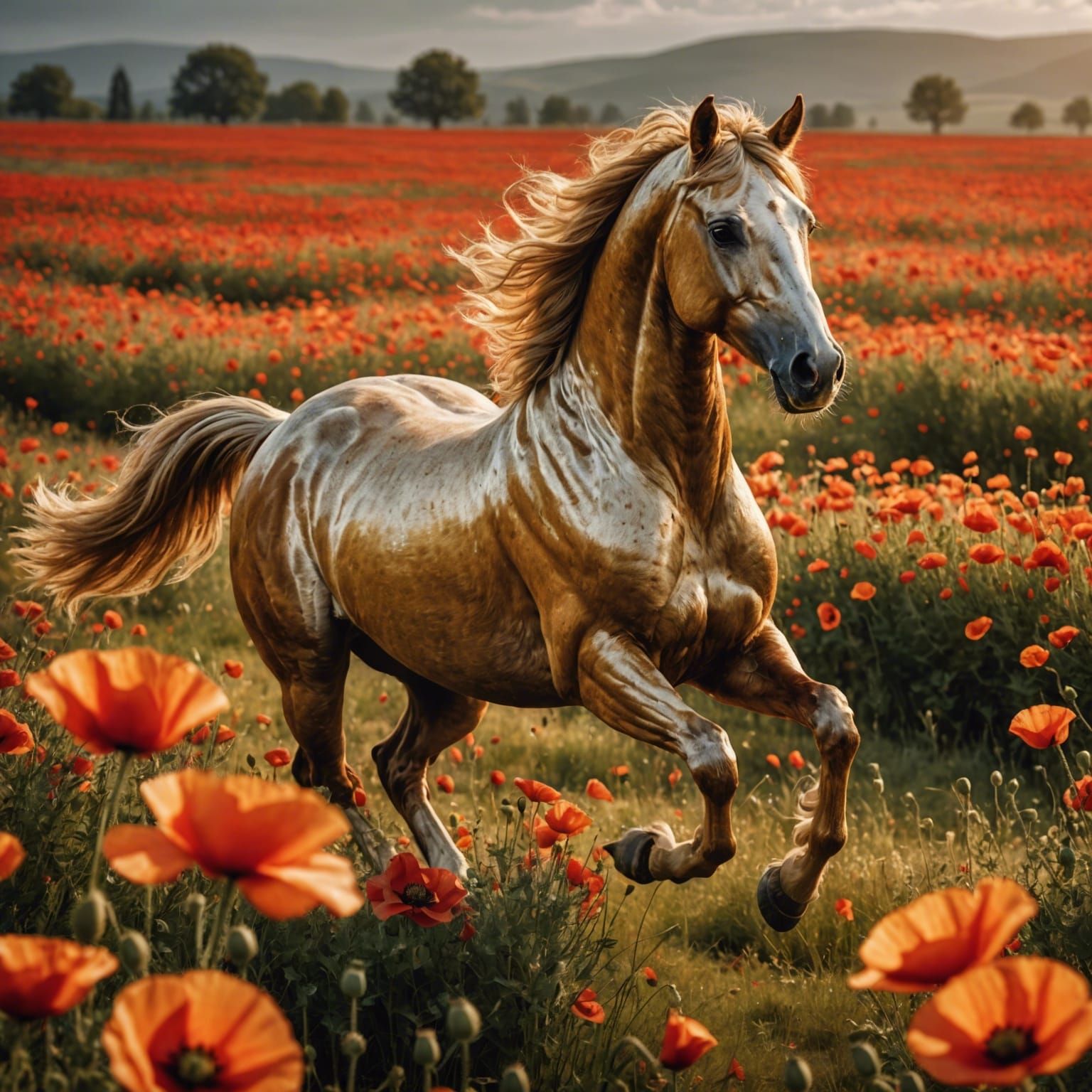 Golden Horse Galloping Through Poppy Field