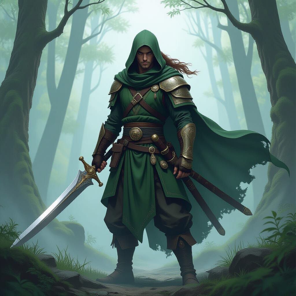 Heroic Warrior in Misty Forest, Fantasy Art Style