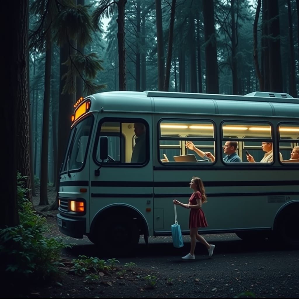 Woman in a Forest Encounters a UFO with a Passing Bus