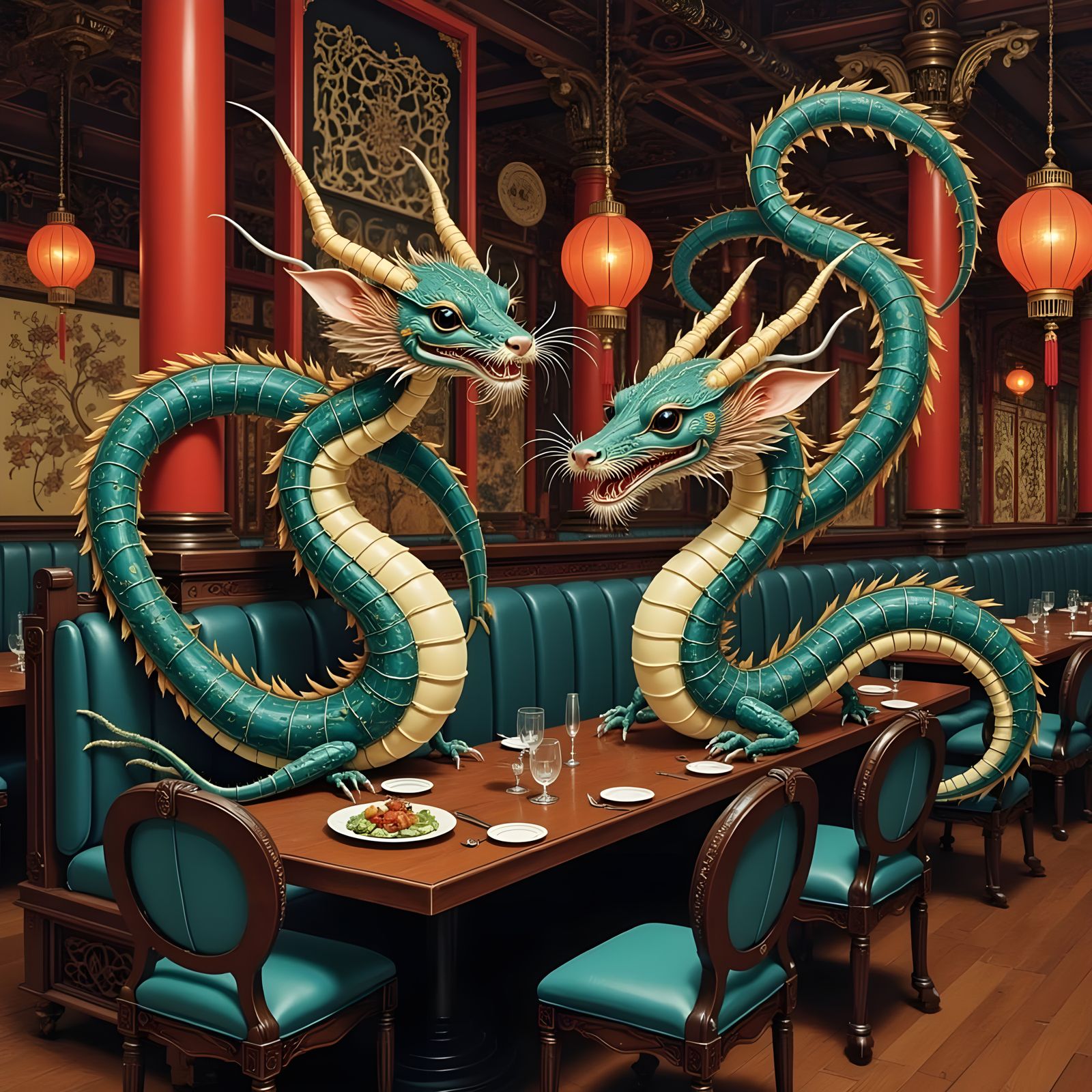 Chinese Dragons on Pillars in a Vibrant Asian Restaurant Sce...
