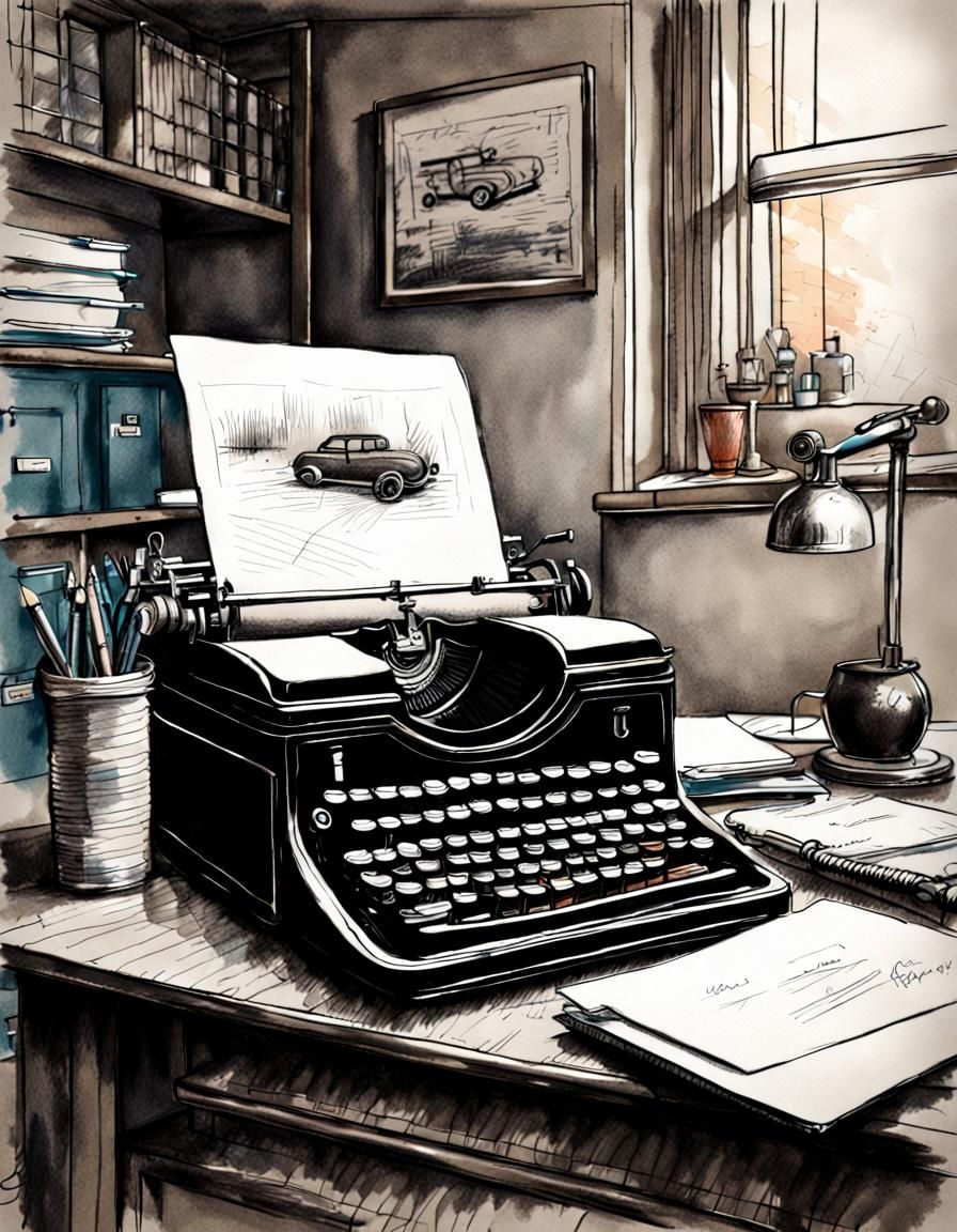 Vintage Office Interior: Hyperdetailed Charcoal Drawing