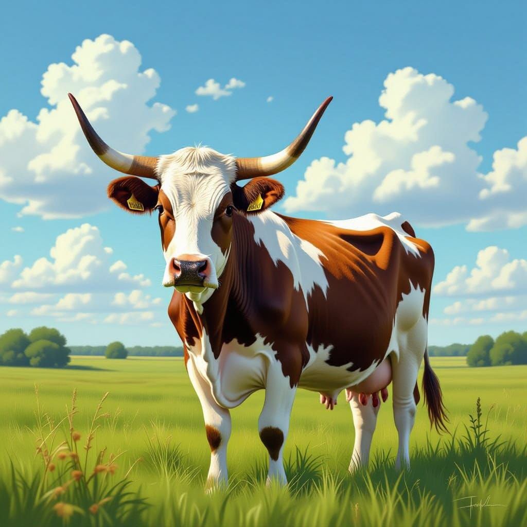 Belgian Blue Cow with Texas Longhorn Horns in Pasture