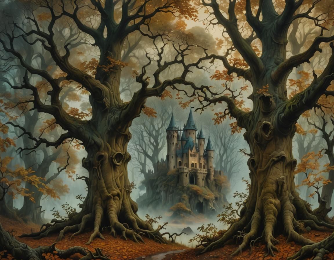 Misty Forest with Ancient Oaks, as Oil Painting