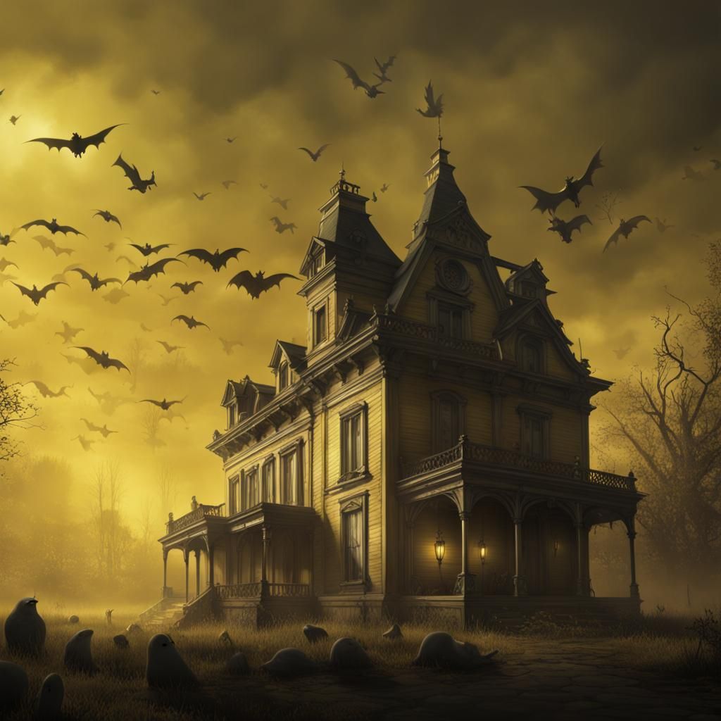 Haunted Mansion with Yellow Ghosts Roaming