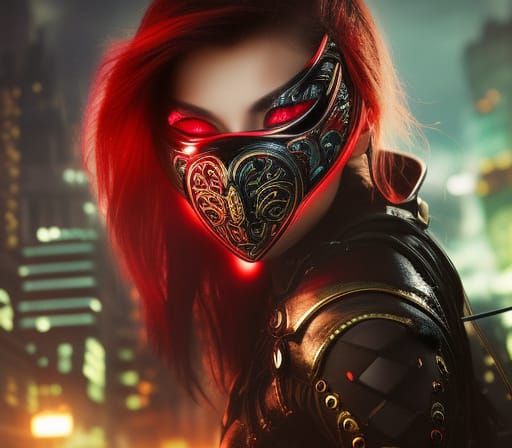 Female Assassin with Metal Mask in Retroanime Style