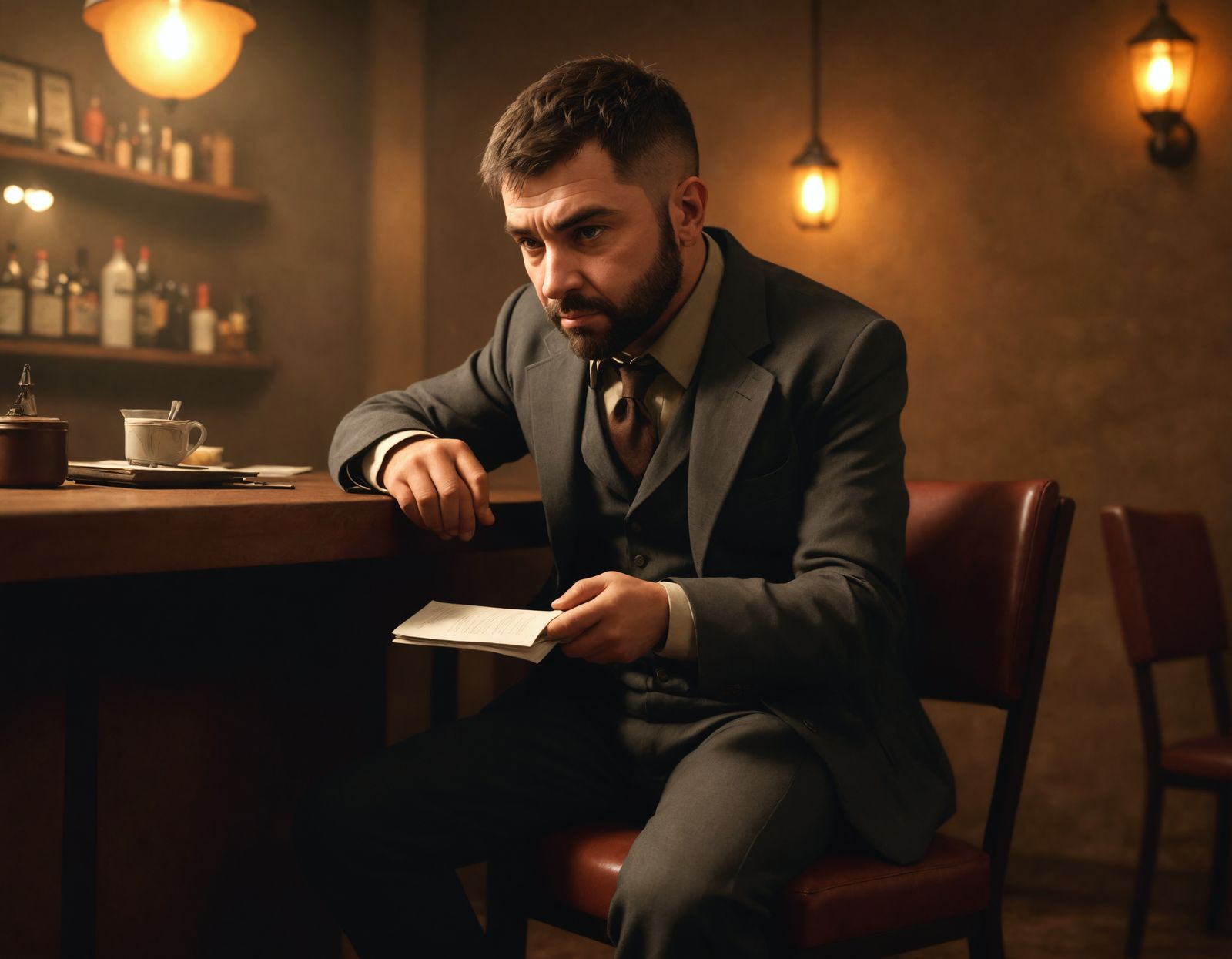 Realistic Dwarf in Tavern Wearing Tweed Suit
