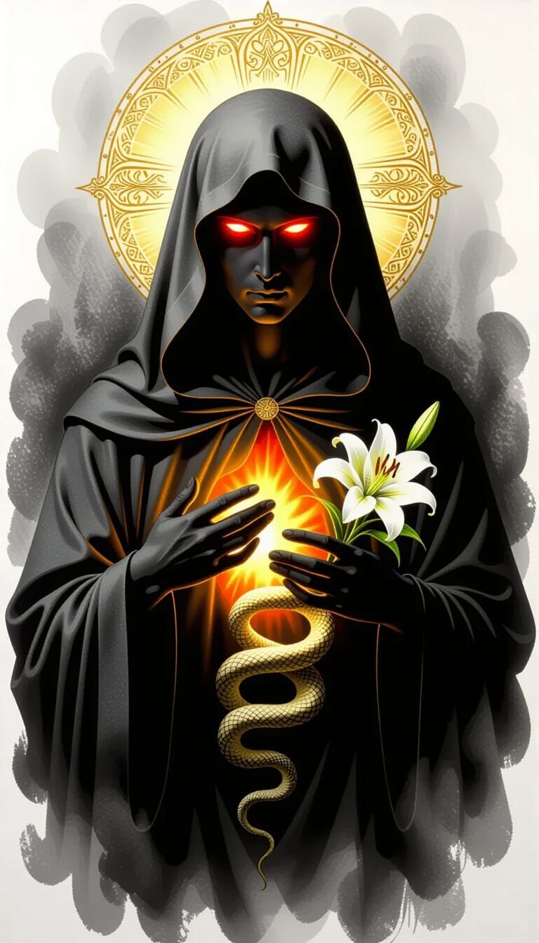 Mysterious Hooded Figure in Charcoal Religious Style