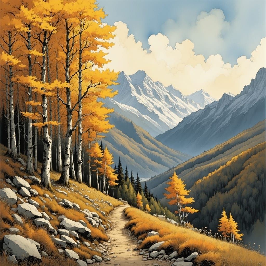 Autumn Aspens in Mountain Landscape, Watercolor Style