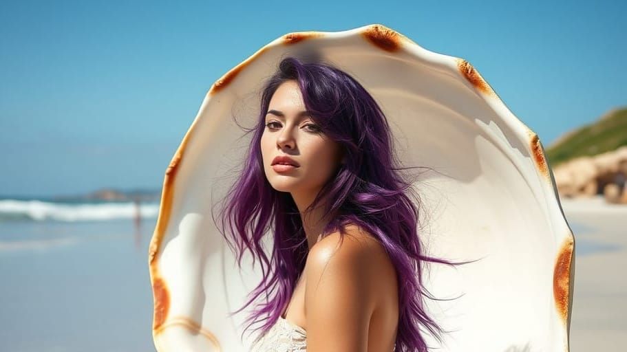 Mermaid Emerges from Shell on Sunset Beach