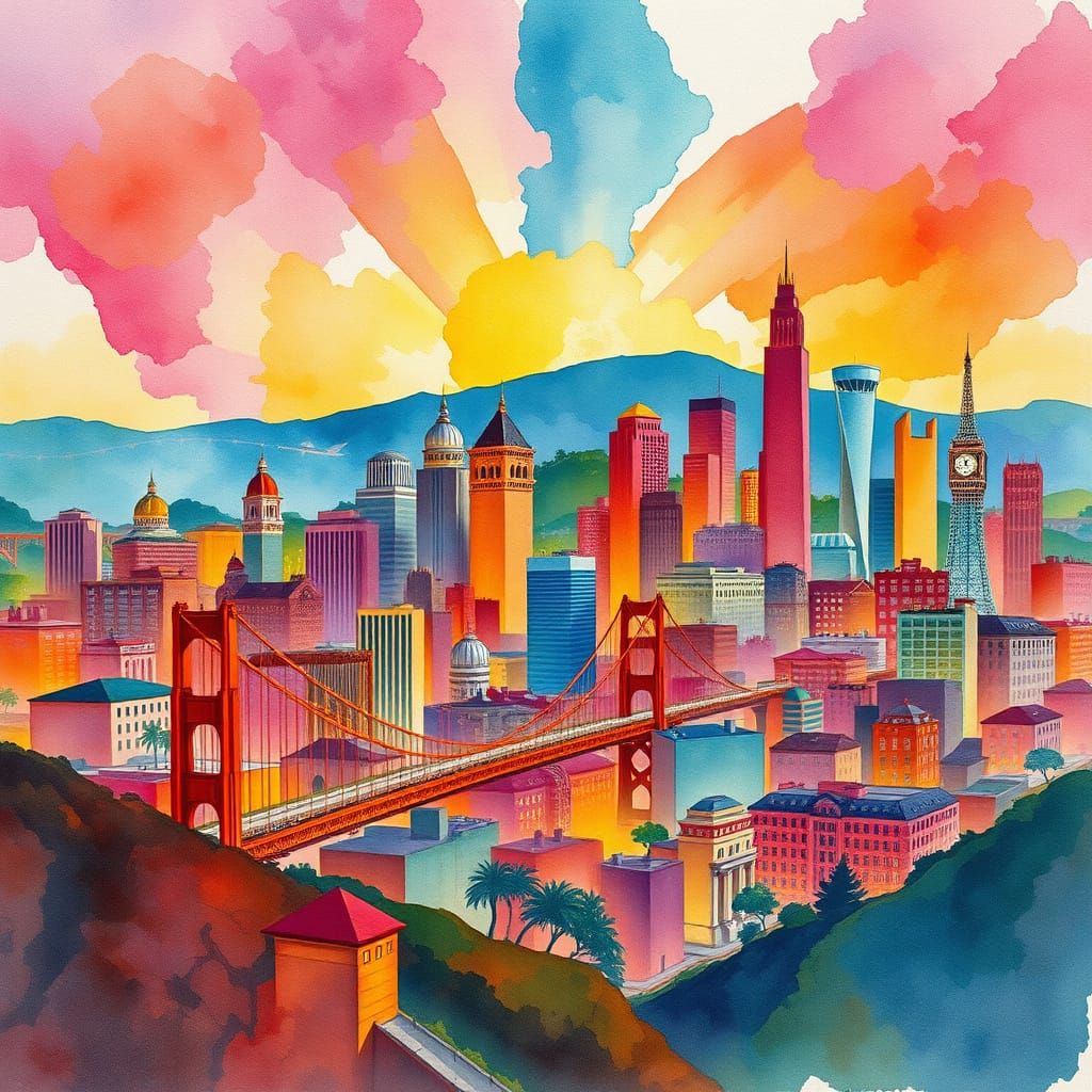 Dreamlike Watercolor Cityscape of San Francisco