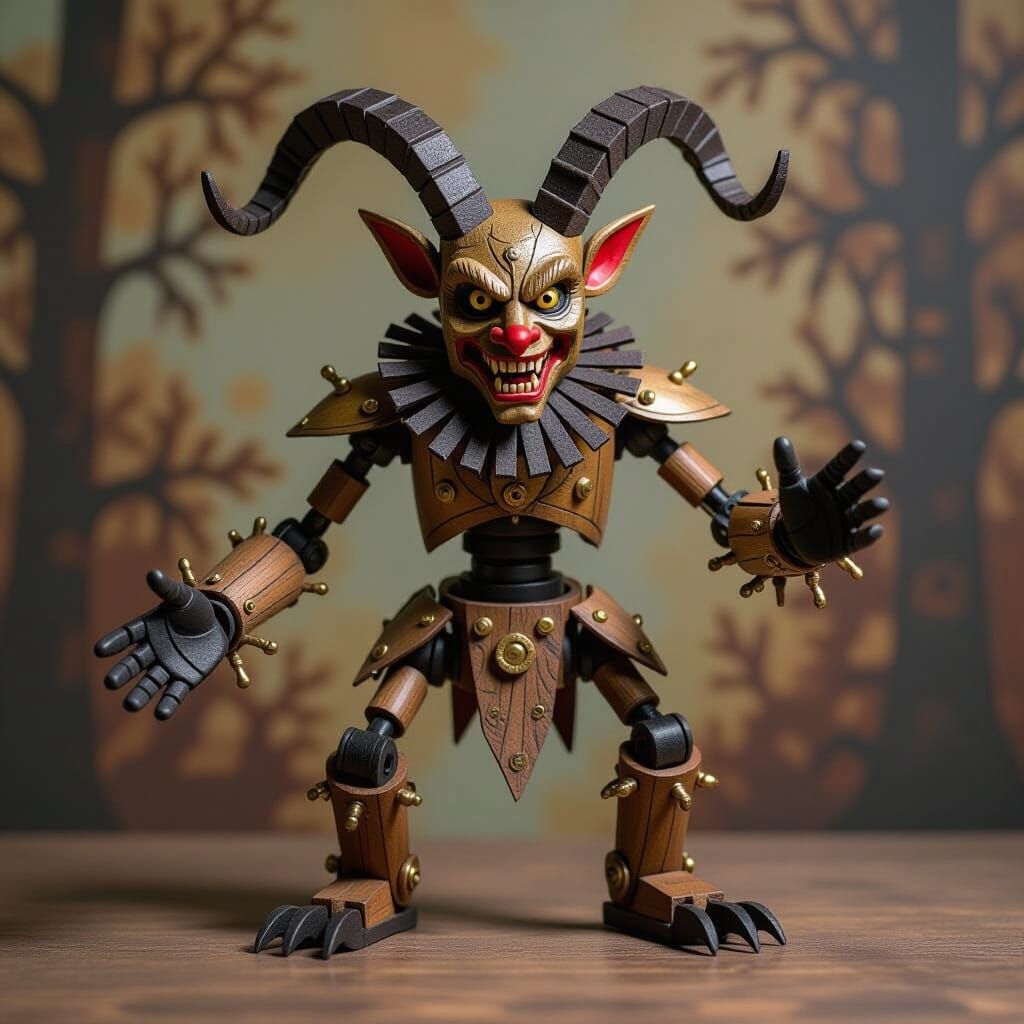 Hand-Carved Wooden Krampus Automaton in Polychromatic Style