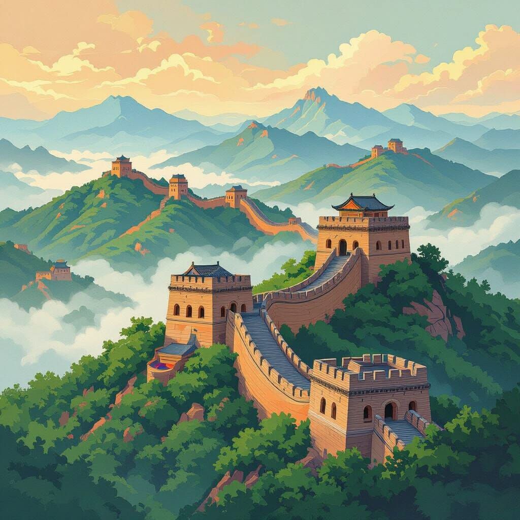 Great Wall of China in Cartoon Style