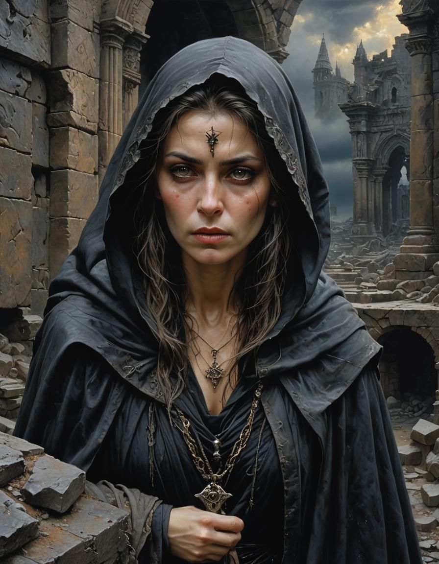Warlock in Ruins: Hyperrealistic Dark Fantasy Portrait