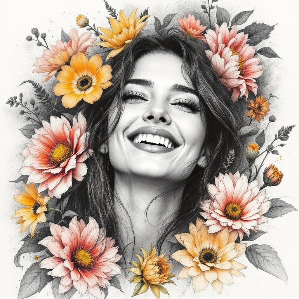 Smiling Woman Surrounded by Flowers in Charcoal Style