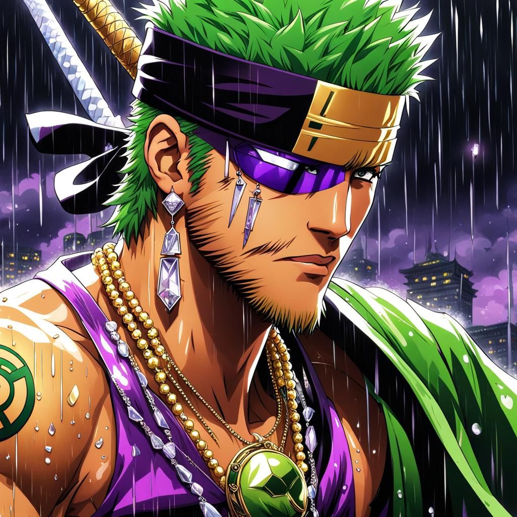 Hyperrealistic Zoro with Jewelry in Rainy Anime Style