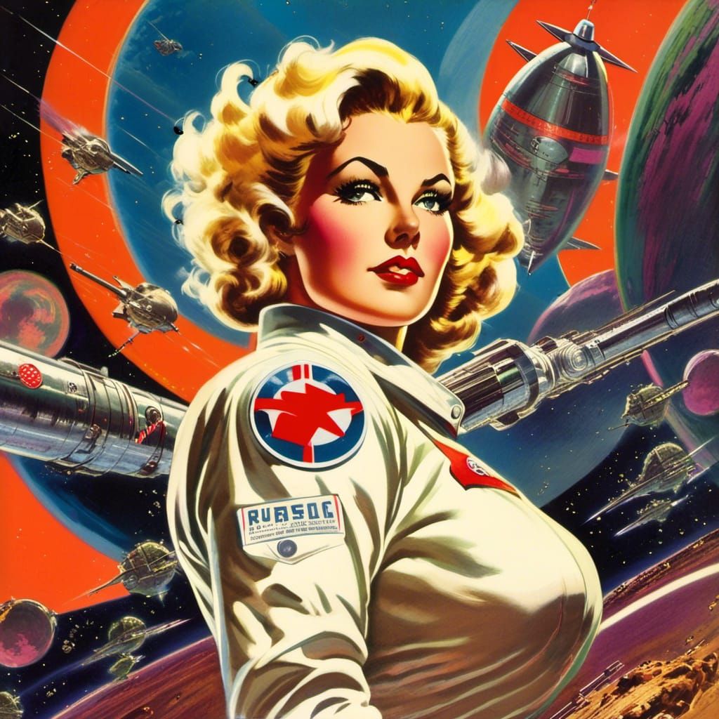 Confident Woman in Retrofuturistic Space Station