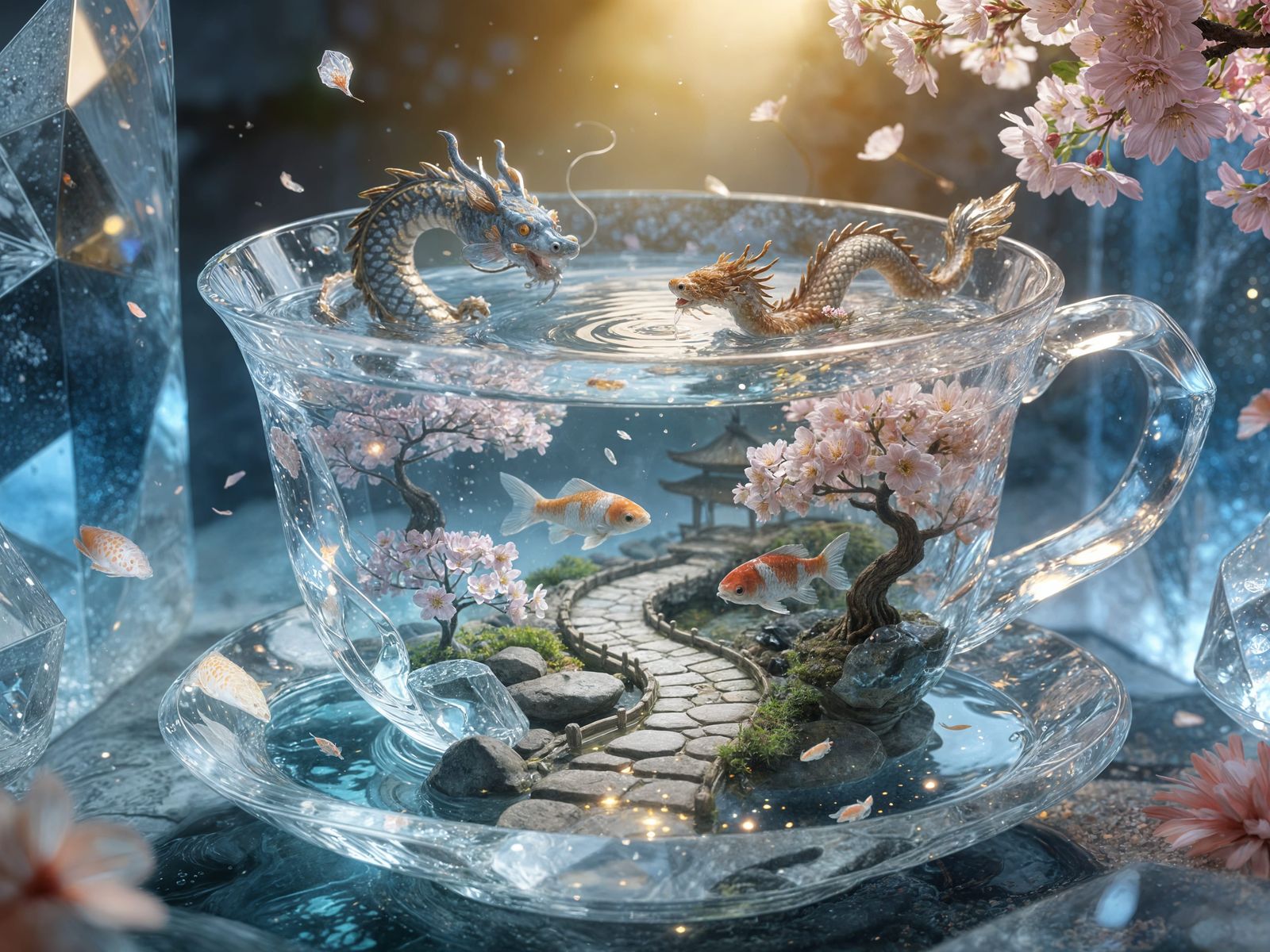 Japanese Garden Diorama Inside Crystal Teacup