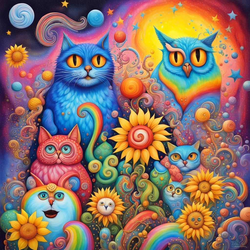 Surreal Night: Starry Cat, Owl, Wolf, Snowman in Candyland