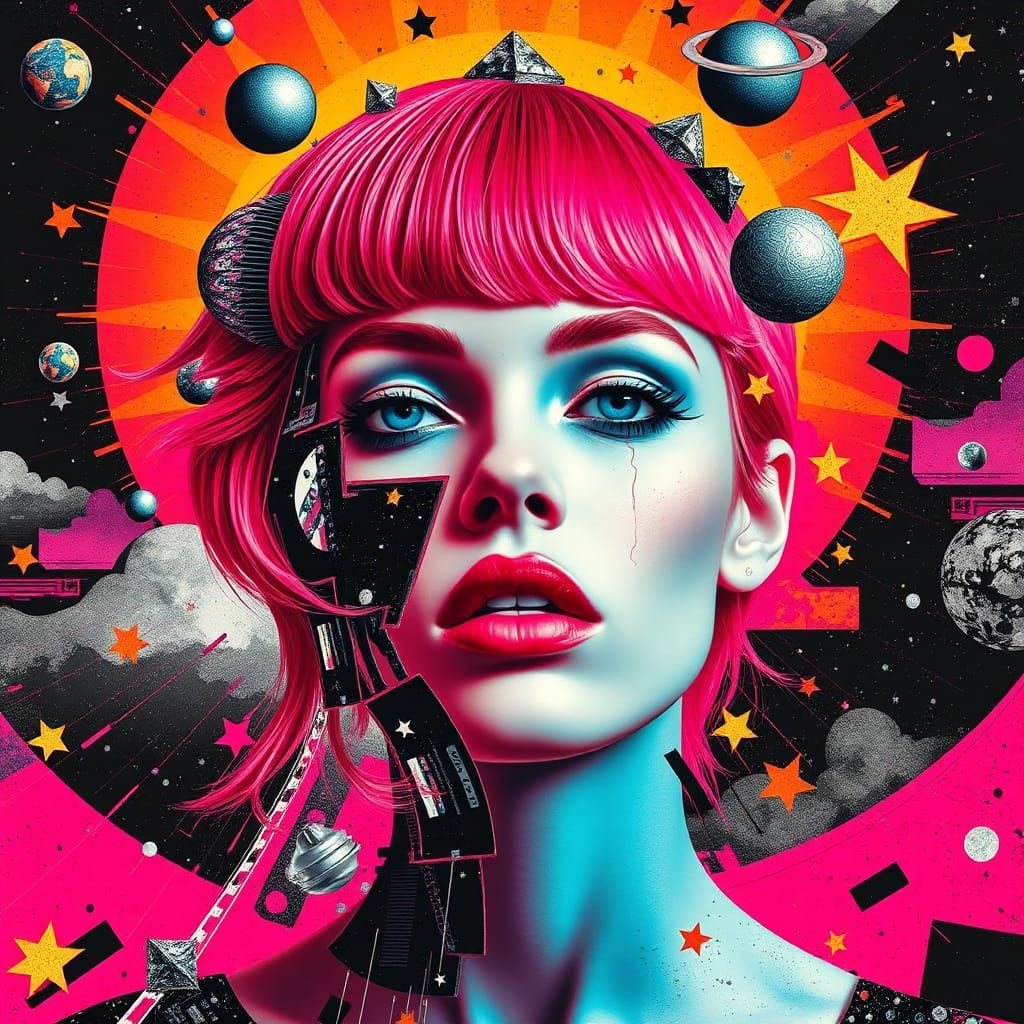 Dada Portrait of a Pink-Haired Woman in Neon