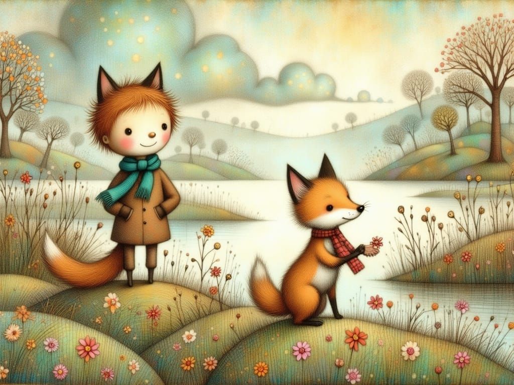 Whimsical Foxes Gather Berries by a Serene Lake in Watercolo...