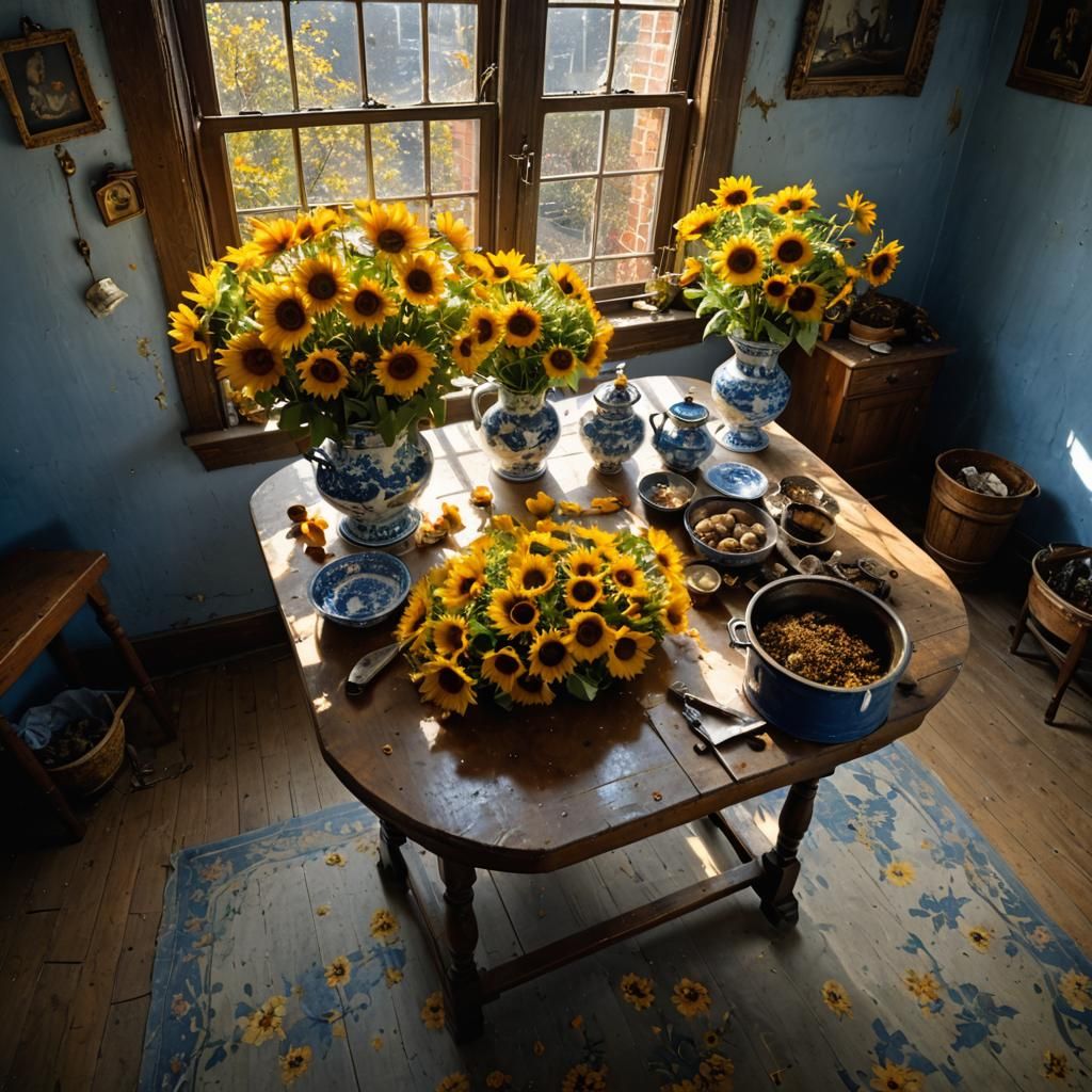 Golden Flowers and Sunflowers in Hyperreal Style