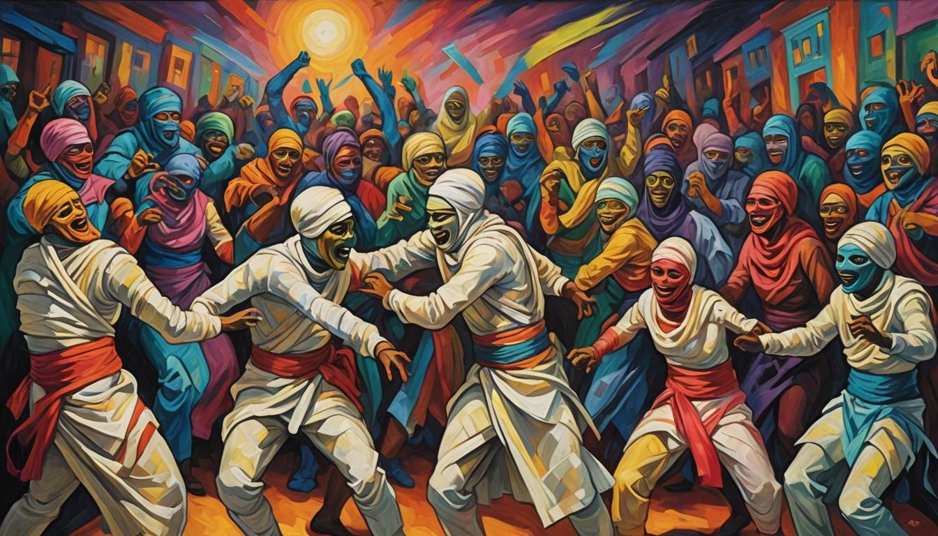 Mummies Dance Conga in Fauvist Expressionism Style