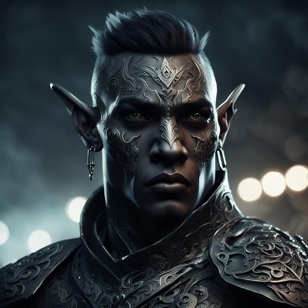 Noir War Elf with Metal Tattoos in Hyper-Realistic Style
