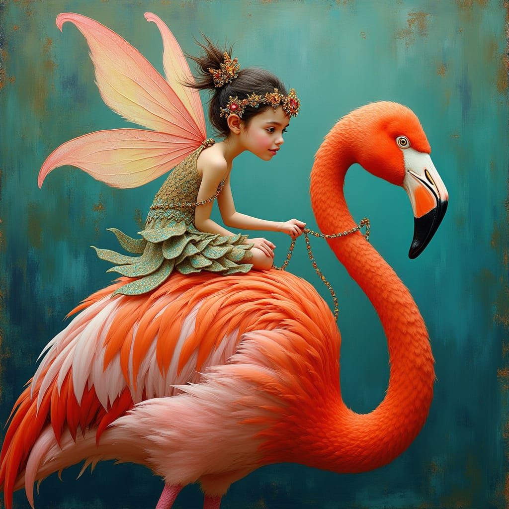 Whimsical Fairy Rides Vibrant Flamingo in Dreamlike Realms