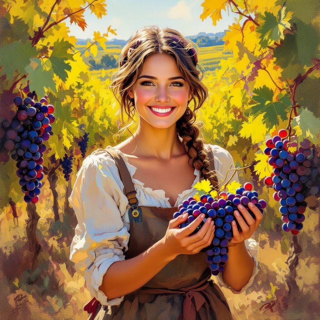 Harvesting Grapes: Woman in Impressionistic Oil Painting