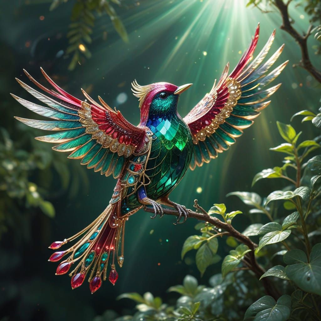 Sparkling Ruby and Emerald Bird with Golden Filigree