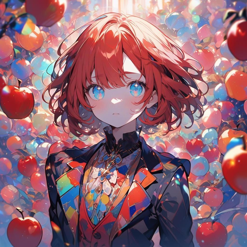 Anime Woman in Tailored Suit with Apple Background