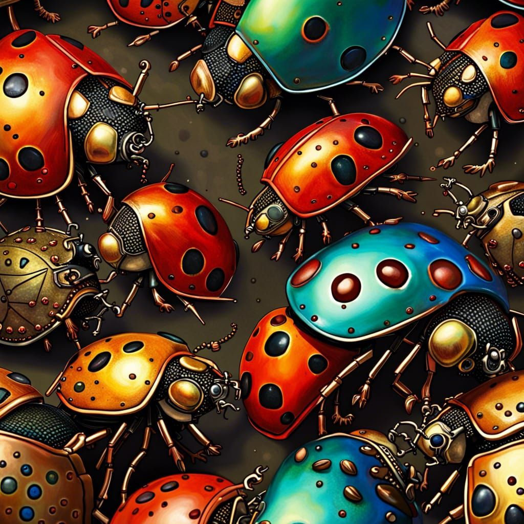 Steampunk Ladybugs in Hyperrealistic Splash Art