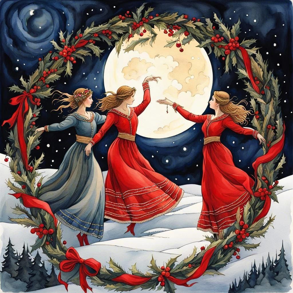Women Dancing Round a Christmas Wreath, Watercolor Style