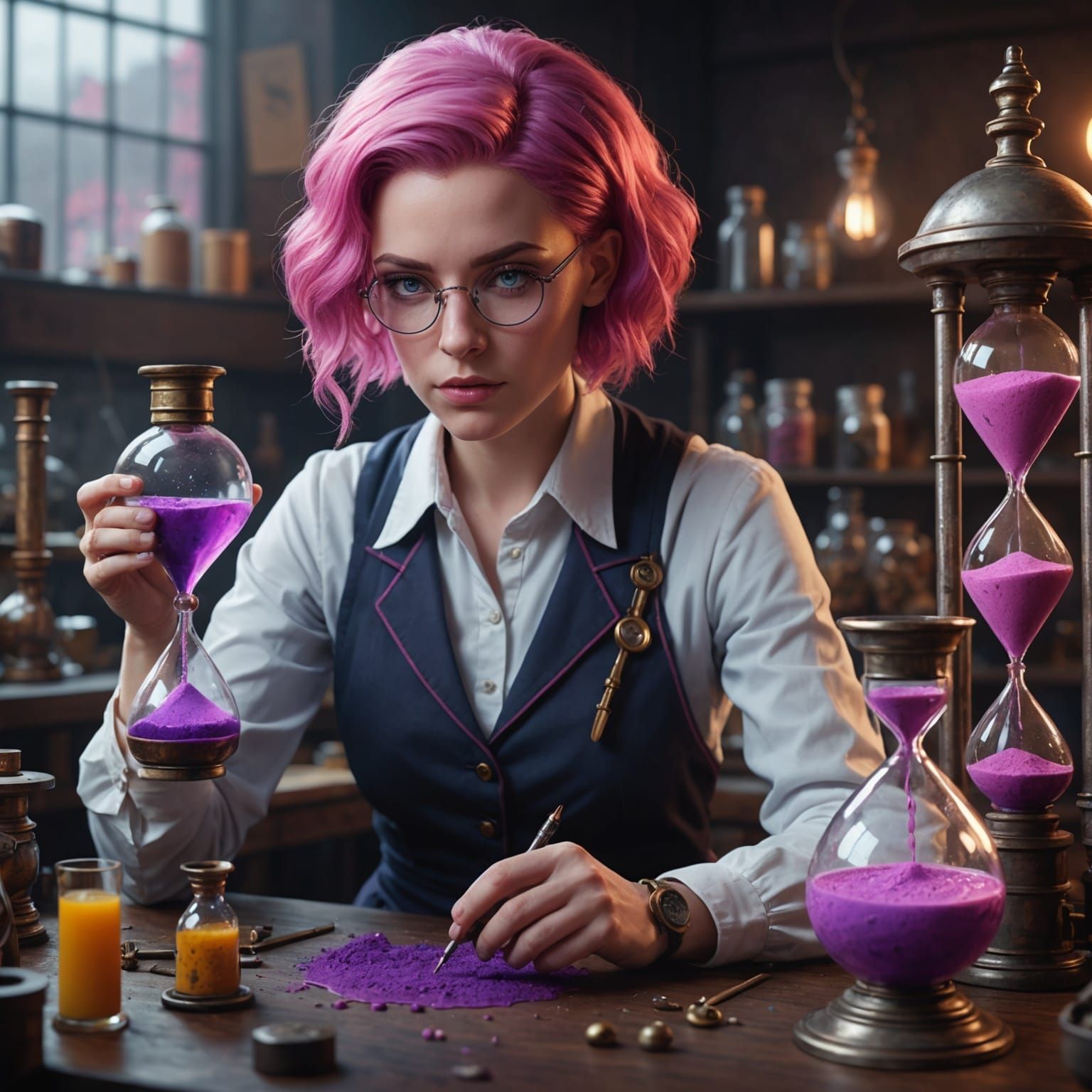 Pink-Haired Scientist's Experiment: Detailed Digital Art