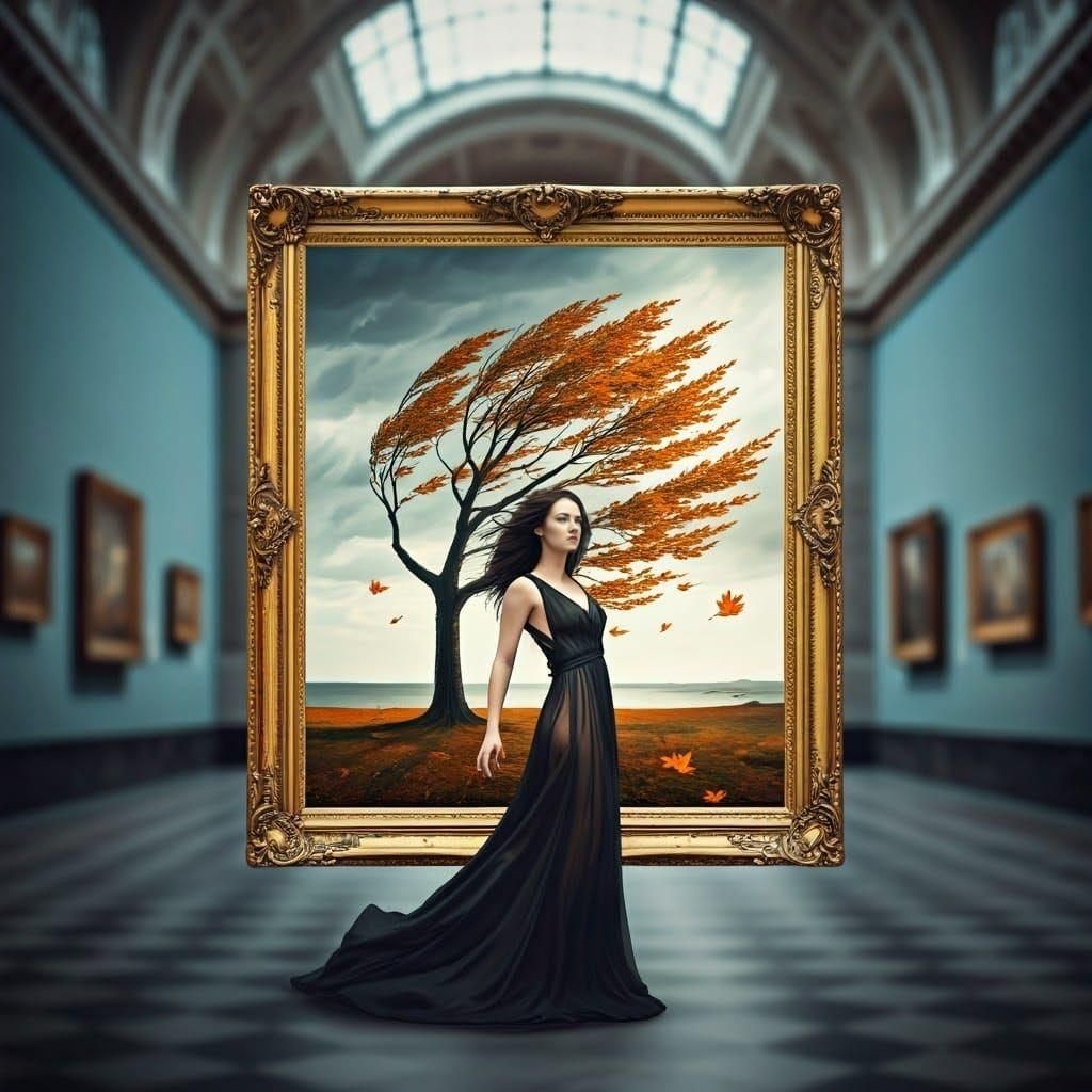 Surreal Museum Scene: Windy Maple Tree in Magritte Style