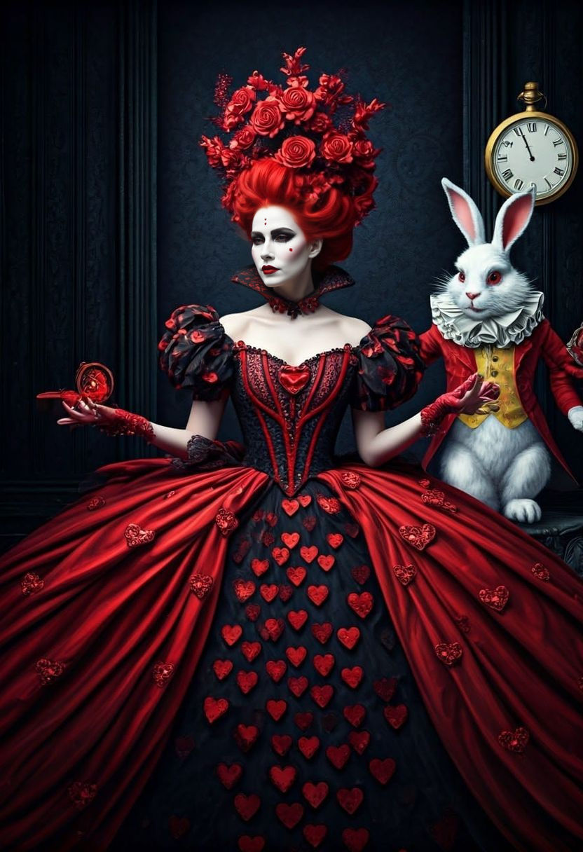 Regal Queen of Hearts in Ornate Red Heart Gown