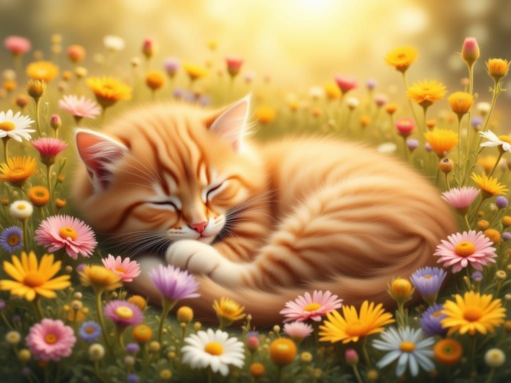 Fluffy Ginger Cat Sleeping in Sunlit Wildflower Meadow